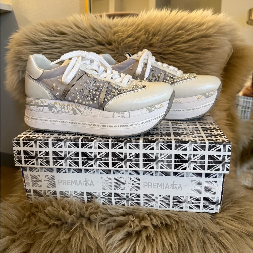 Premiata Pearl-Embellished White & Silver Iconic Beth Platform Sneakers Size 37